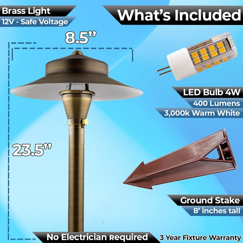 MIK Solutions LED Low Voltage Pathway Lights 120- Solid Brass Outdoor Landscape Lights for Garden Pathway & Driveway Outdoor Lighting, 12V Landscape Lighting with Ground Stake & G4 LED Bulb (1 Pack Wide Top 8-1/2") - Image 4